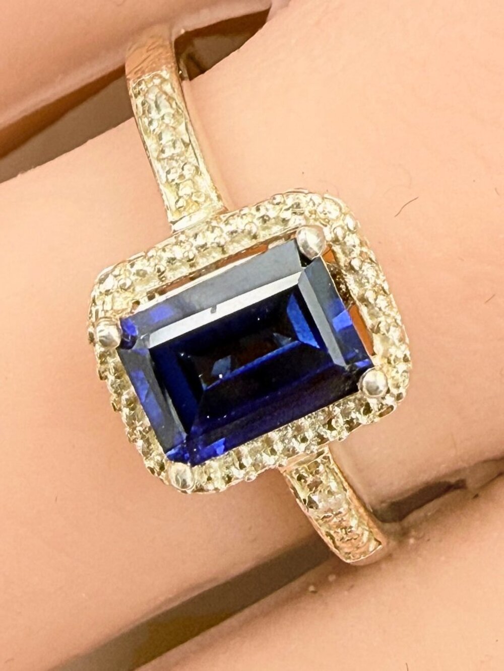 Amazing Art Deco Style Emerald Cut Lab Sapphire Sterling Silver Halo Ring Sz 9